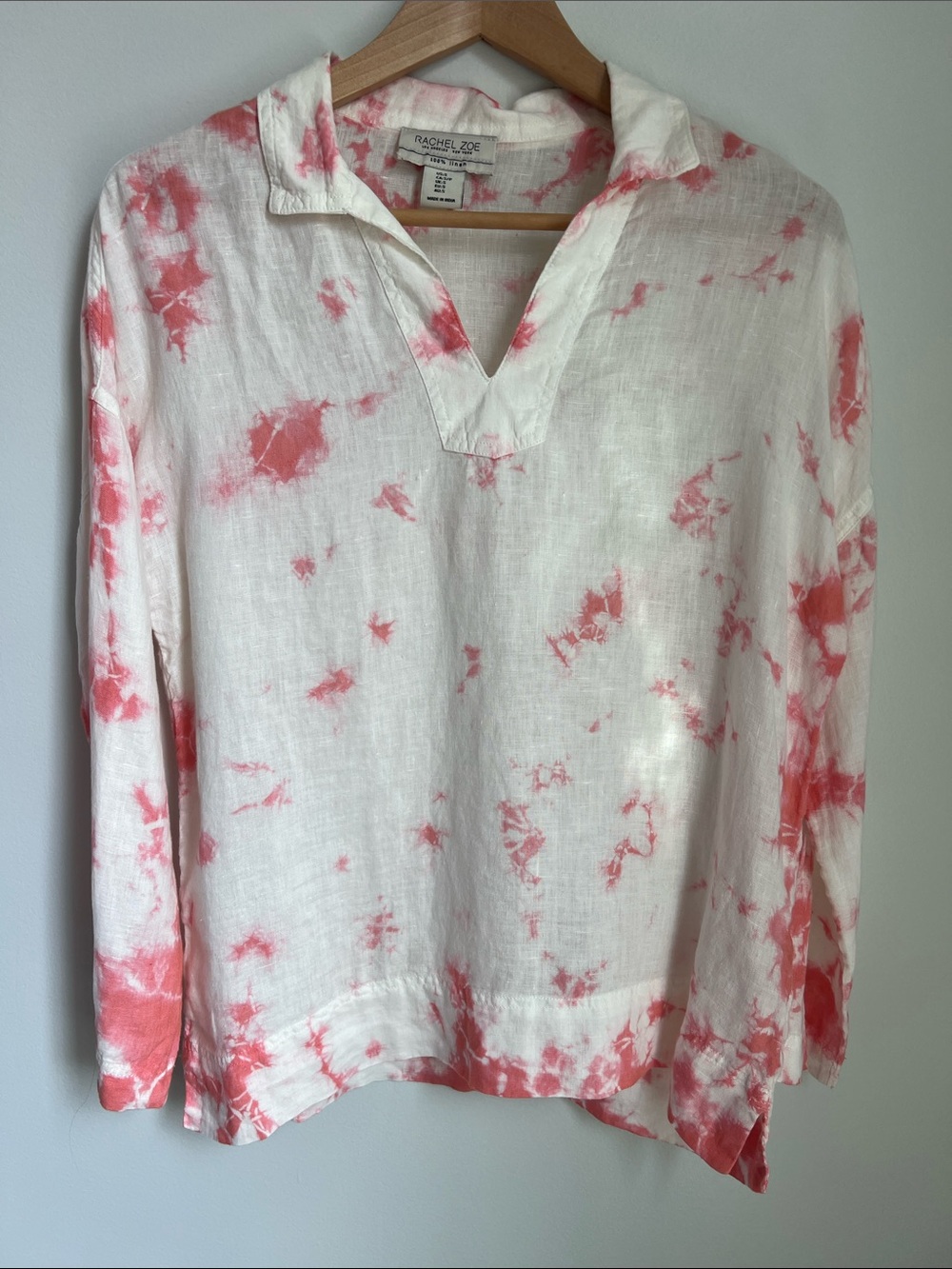 Rachel Zoe White and Coral Tie-Dye Linen Pullover Blouse